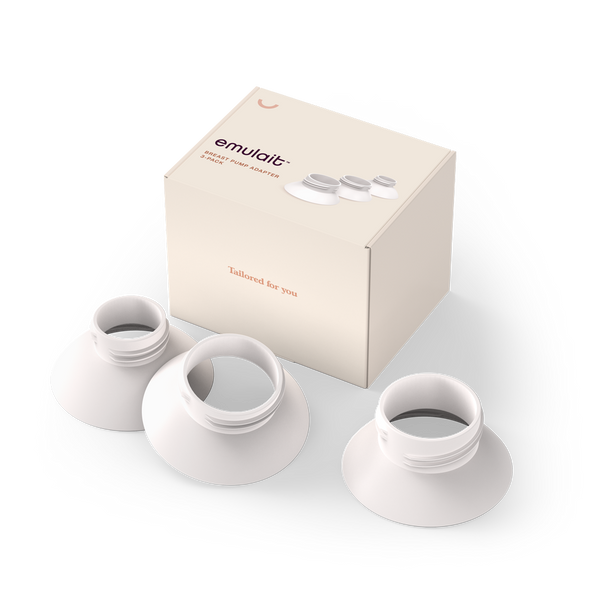 Emulait Breast Pump Adapter Packaging: Closed Box with 3 Pump Adapter Options